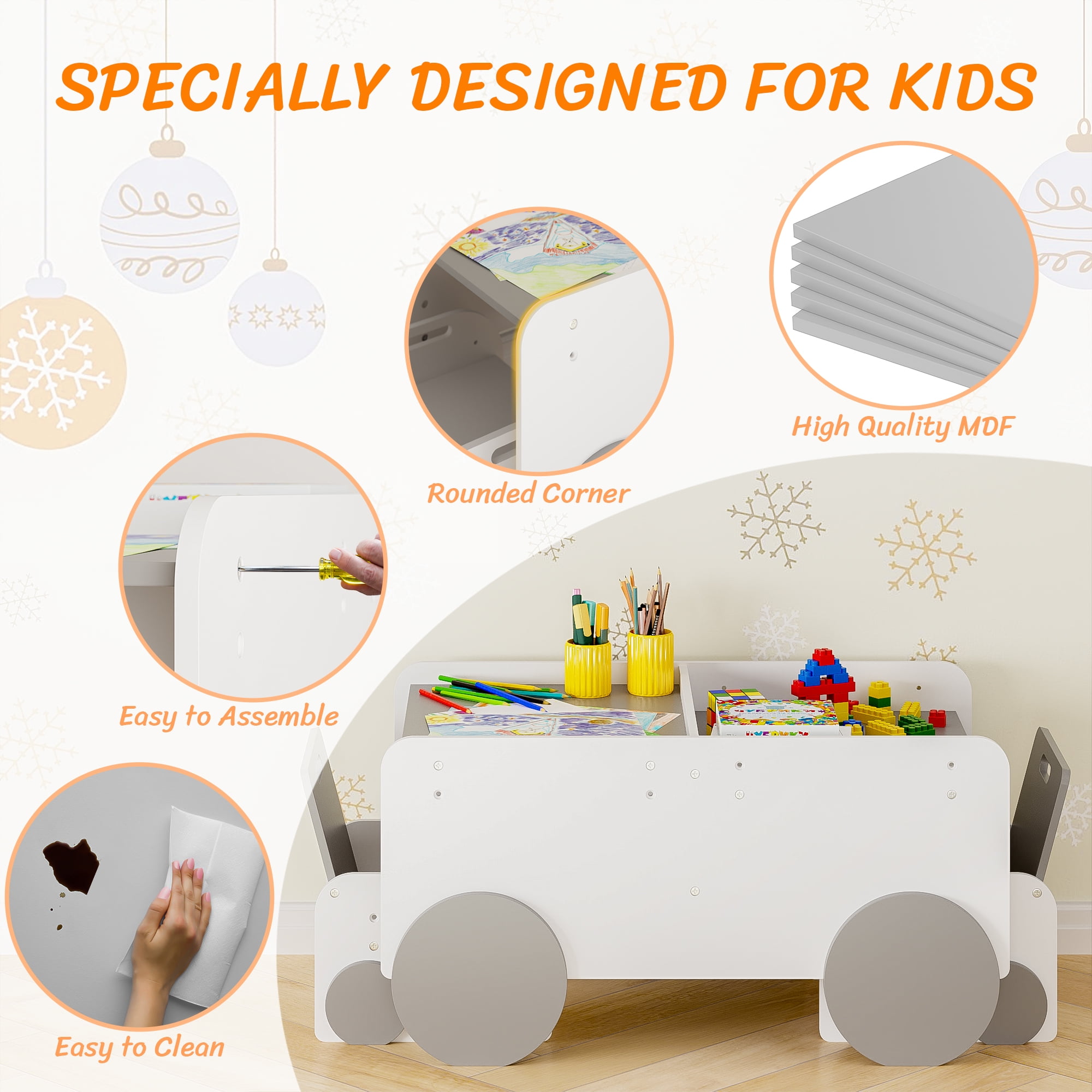 Yoneston Kids Table and Chair Set with Car-Shaped Design, Height-Adjustable Activity Table for Toddlers Art Craft Drawing Reading Learning, Gray+White