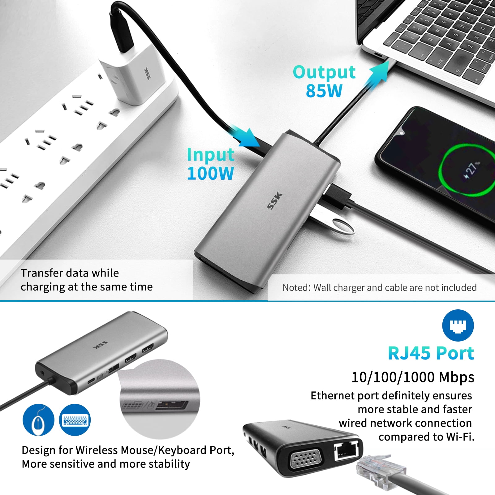 SSK USB C Laptop Docking Station Dual Monitor HDMI 4K/60Hz Multiport Adapter 11 in 1 USB C Hub, Thunderbolt Dock Triple Display with 2 HDMI+VGA,RJ45 Ethernet,100W PD,3 USB for MacBook,Dell,HP,Lenovo