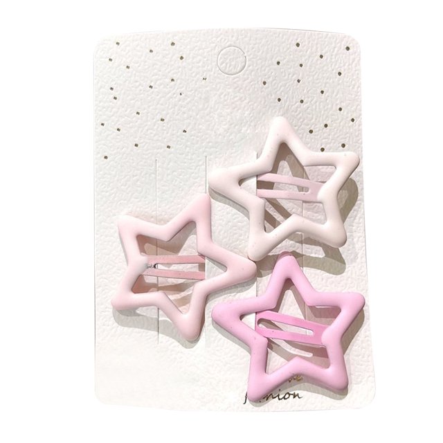 pinzas para el cabello con forma de estrella pinzas huecas en forma de estrella en colores pastel mezclados sobre tarjeta blanca, vista frontal centrada mostrando 3 piezas pequeñas de plástico y resina, diseño compacto para niñas y mujeres, sujetan mechones finos para peinados rápidos y mantener el cabello en su lugar; también suelen usarse para separar secciones de cabello durante el peinado.