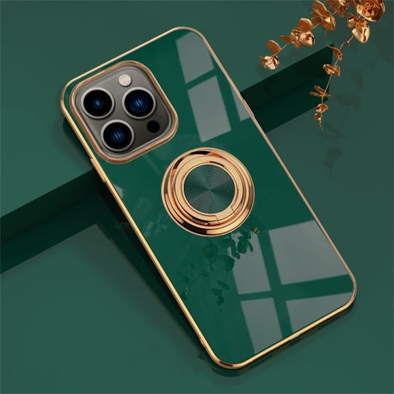 Case for iPhone 15 Pro Case with Ring Stand [360° Rotatable Ring Holder Magnetic Kickstand][Support Car Mount] Plating Rose Gold Edge Slim Soft Flexible TPU Luxury Phone Case Cover, Darkgreen