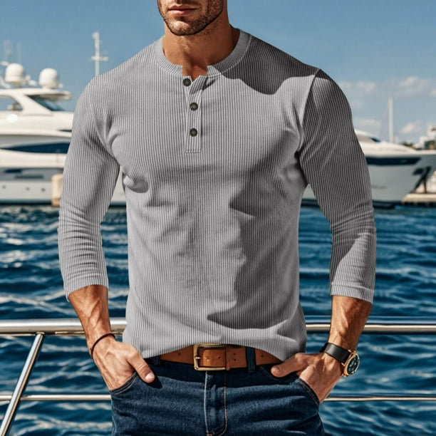 pstuiky camisas de manga larga para hombre, Camiseta de pana con botones, cuello redondo y manga larga de color liso para hombre salir tops m