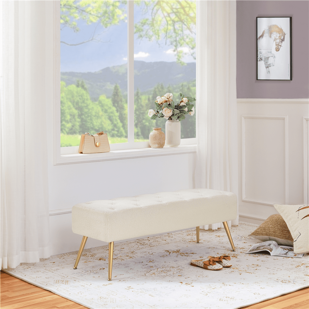 Yaheetech Modern Upholstered Ottoman Footrest Stool Button Tufted with Gold Metal Legs, Ivory