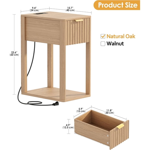 Narrow Fluted Nightstands Set of 2 with Charging Station, Wooden Side Table with Drawer & Shelf for Bedroom