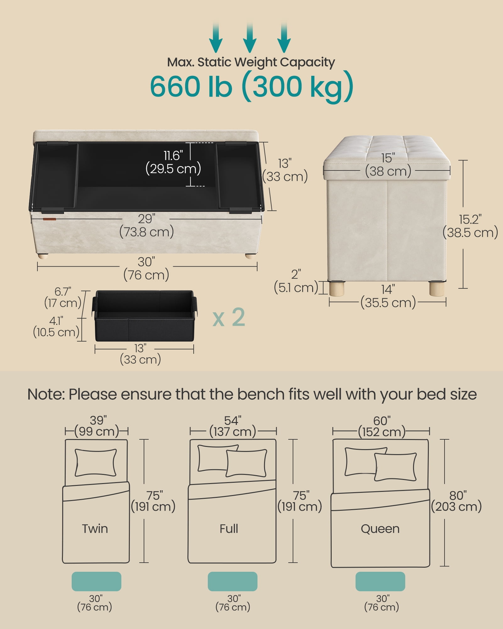 SONGMICS 30" Storage Ottoman Bench, Ottoman with Storage, 29 Gal Foot Rest Stool for Bedroom Living Room, Cappuccino Beige