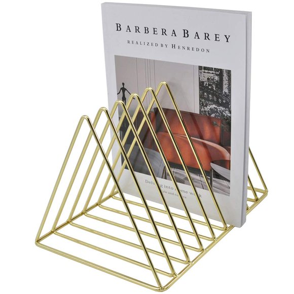 EASEPRES Gold File Holder Organizer, Triangle Record Album Holder Magazine Wire Rack, 9 Slot Multifunction Desktop Storage Decor for Home Office