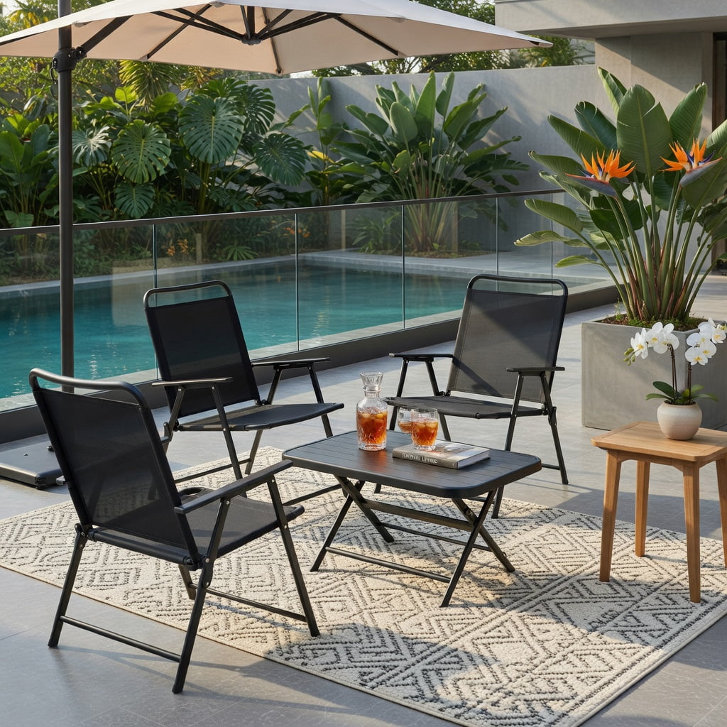 Hommoo 4-Piece Foldable Patio Furniture Set, SPC Coffee Table, Loveseat & 2 Chairs for Backyard, Poolside & Garden Use, Black