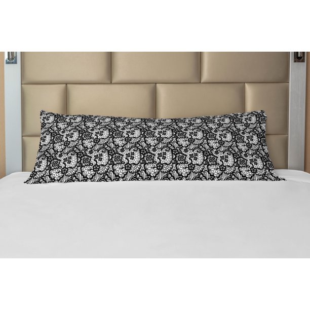 Black and White Body Pillow Case Cover with Zipper, Monochrome Lace