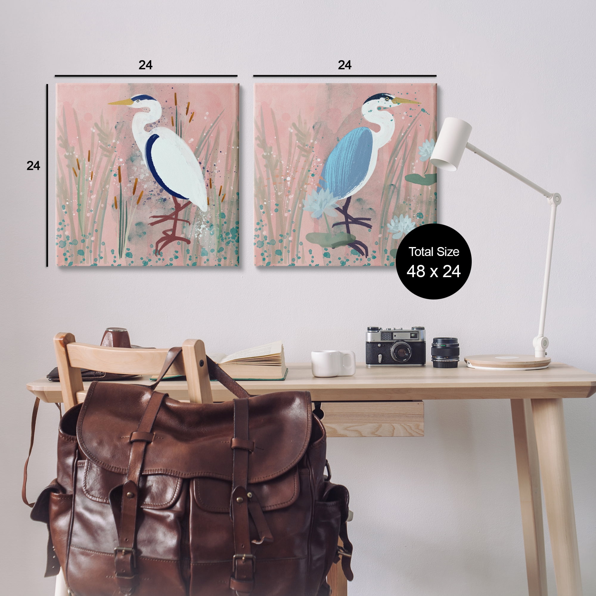 Stupell Industries Blue Heron Egret Cattail Marsh Animals Painting Wrapped Canvas Art Print Wall Art, 24 x 24, Set of 2