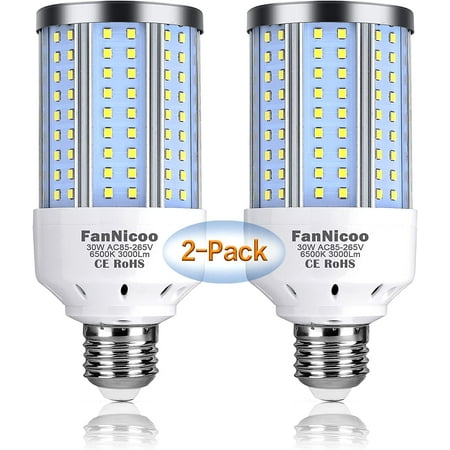 2-Pack 200W Equivalent LED Corn Light Bulb 3000 Lumen 6500K Cool White Daylight 30W LED Corn Lamp E26/E27 Medium Base for Indoor Outdoor Warehouse Gara Basement Backyard Factory Barn and Many Areas