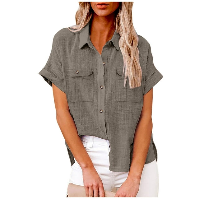 fheaev Button Up Shirts For Women Roll Up Short Sleeve Button Down Cotton Linen T-Shirts With Pocket V-Neck Work Tunics Blouse Collared Tops