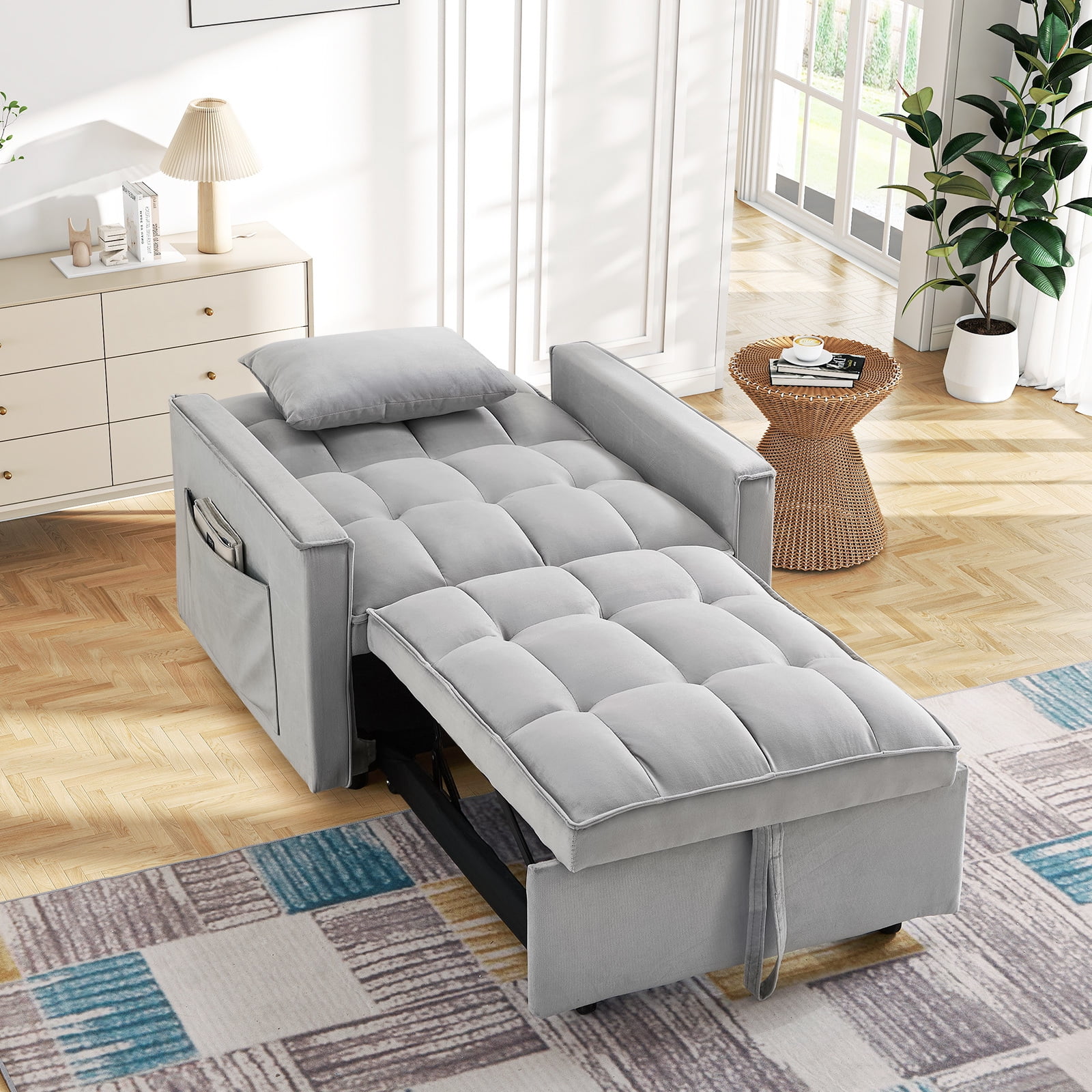 Lunale 4-in-1 Convertible Sleeper Sofa Chair Bed for Adult, Lounge Chair Indoor, Modern Single Couch for Living Room, Small Spaces, Gray Velvet