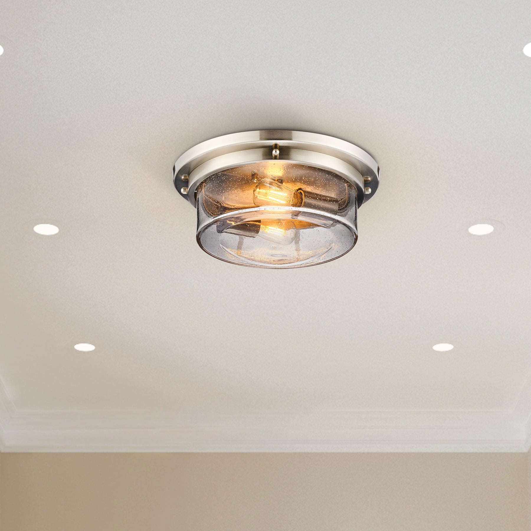 Flush Mount Ceiling Light Fixture with 13" Beaded Glass Drum Shade & Brushed Nickel Finish