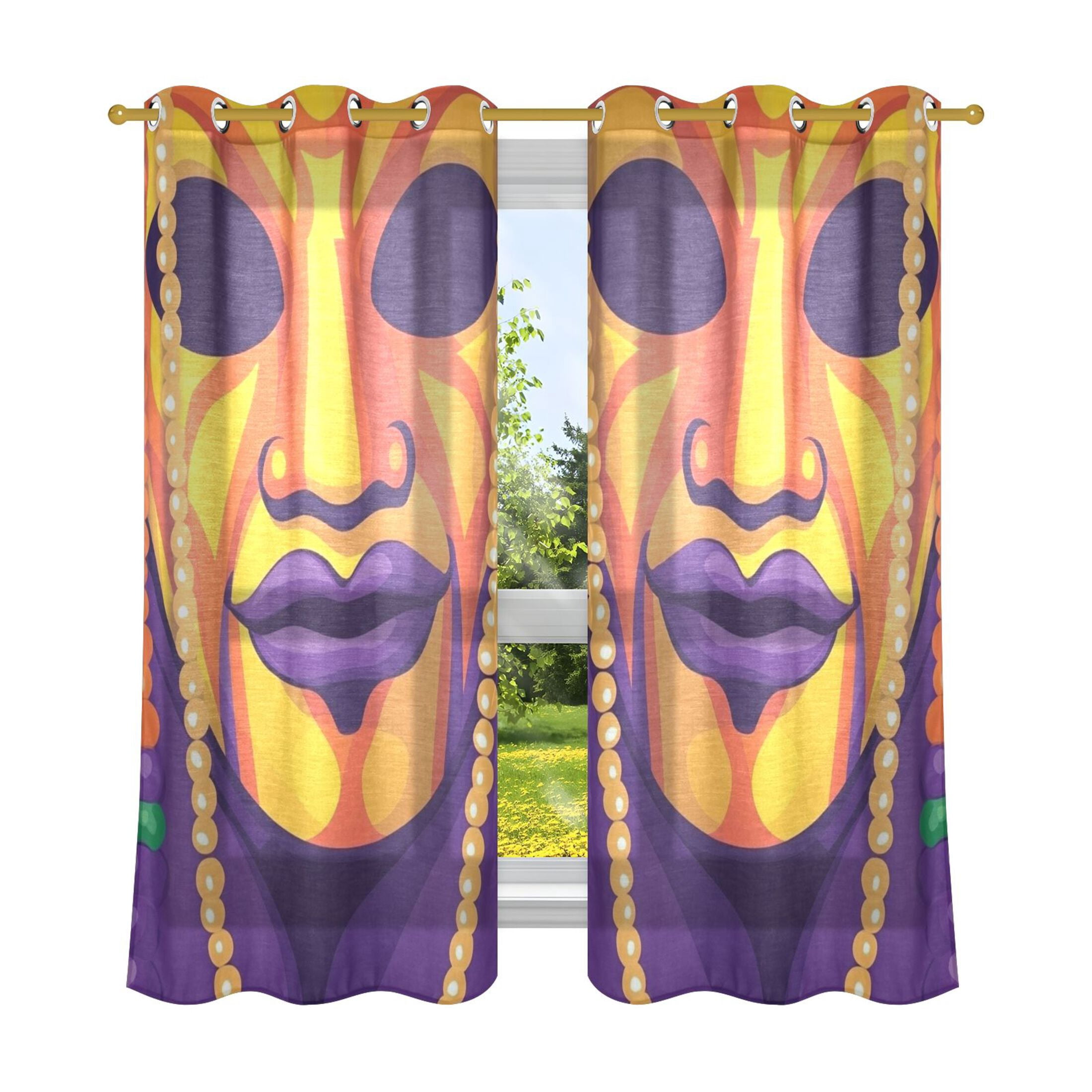 Mardi Gras Mask and Beads Semi Sheer Curtains for Living Room Bedroom Set of 2 Insulated Window Drapes