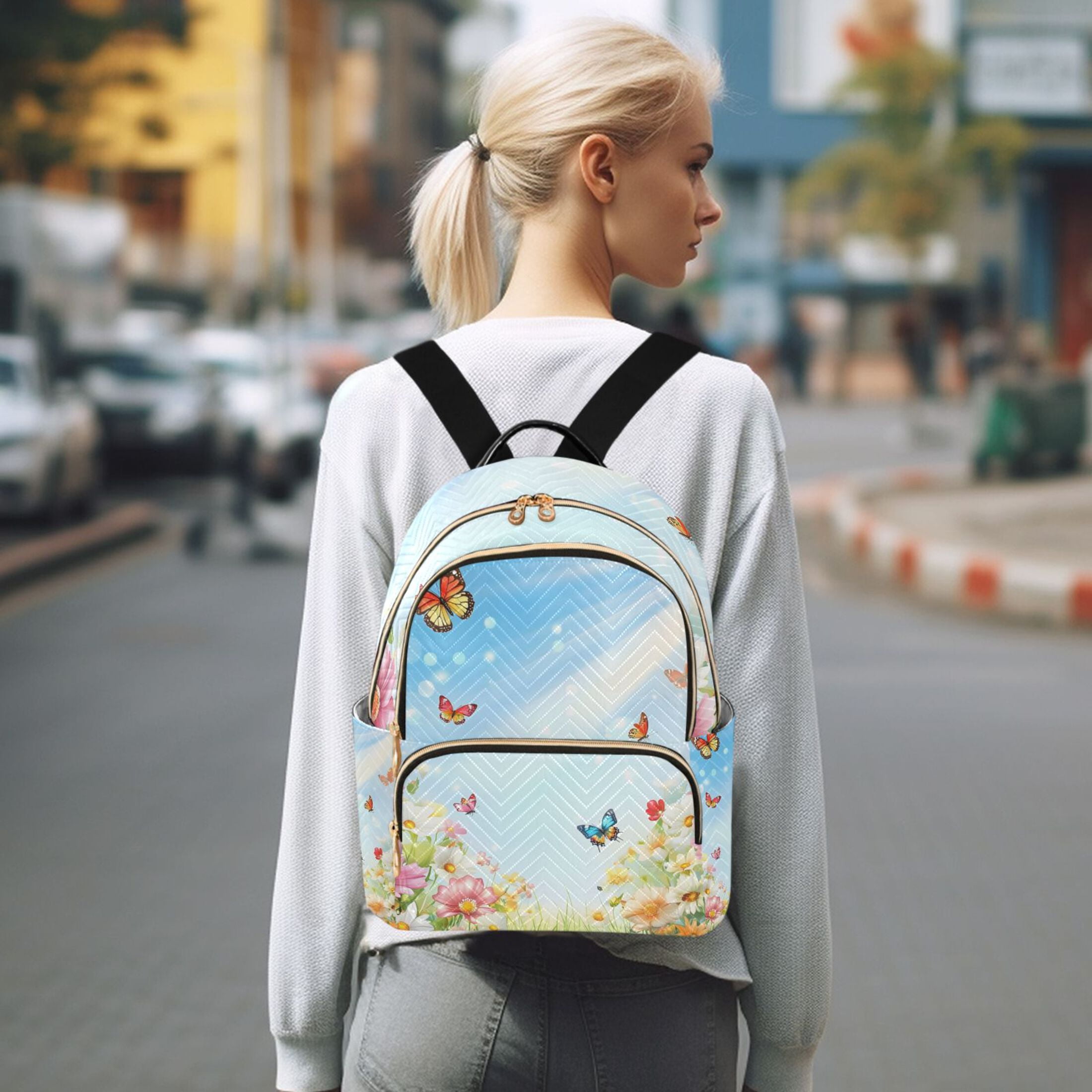Flowers Butterfly Sunshine Spring Quilted Backpack Fashion Daypack Commuter Bag for Women 14 L
