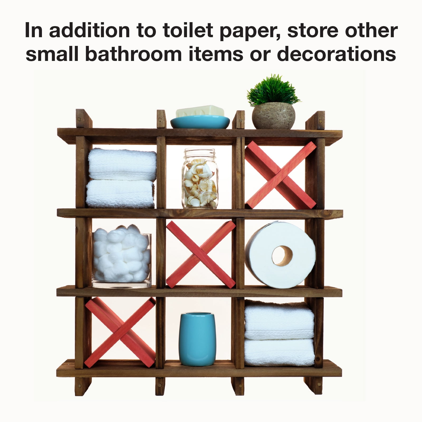 Excello Global Products Rustic Wooden Toilet Paper Holder: Tic Tac Toe Design for Wall Mounted or Freestanding Bathroom Tissue Roll Storage Organizer - EGP-HD-0162-OS