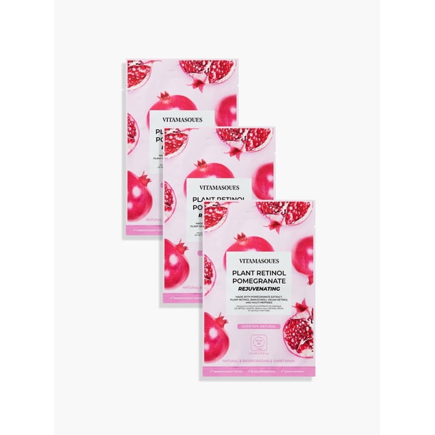 Vitamasques Retinol Pomegranate Face Sheet Mask 7 Pack - Mascarilla facial coreana para el cuidado de la piel rejuvenecedora e hidratante para el cuidado de la piel - Natural y biodegradable