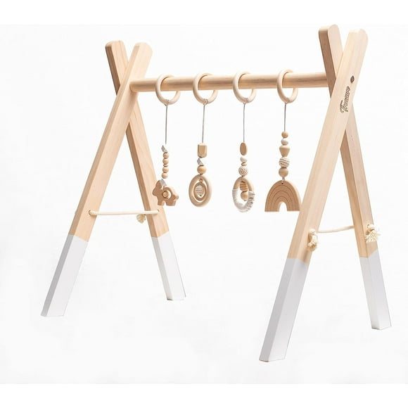 Treasure kids Deluxe Wooden Baby Gym with 4 toys - Montessori Foldable Play mat - Newborn Infant baby shower Gift