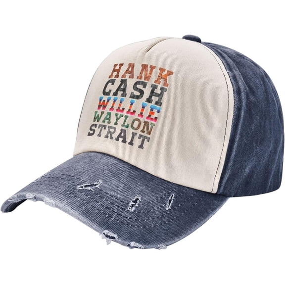 Cash Hank Willie Waylon Vintage Washed Distressed Cotton Dad Hat Baseball Cap Adjustable Denim Dad Hat, Navy Blue