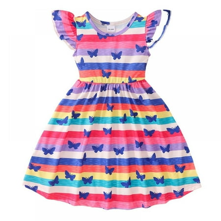 

BULLPIANO Toddler Girl Summer Dress Ruffle Fly Sleeve Prints Round Neck Beach Sundress 18M-8T