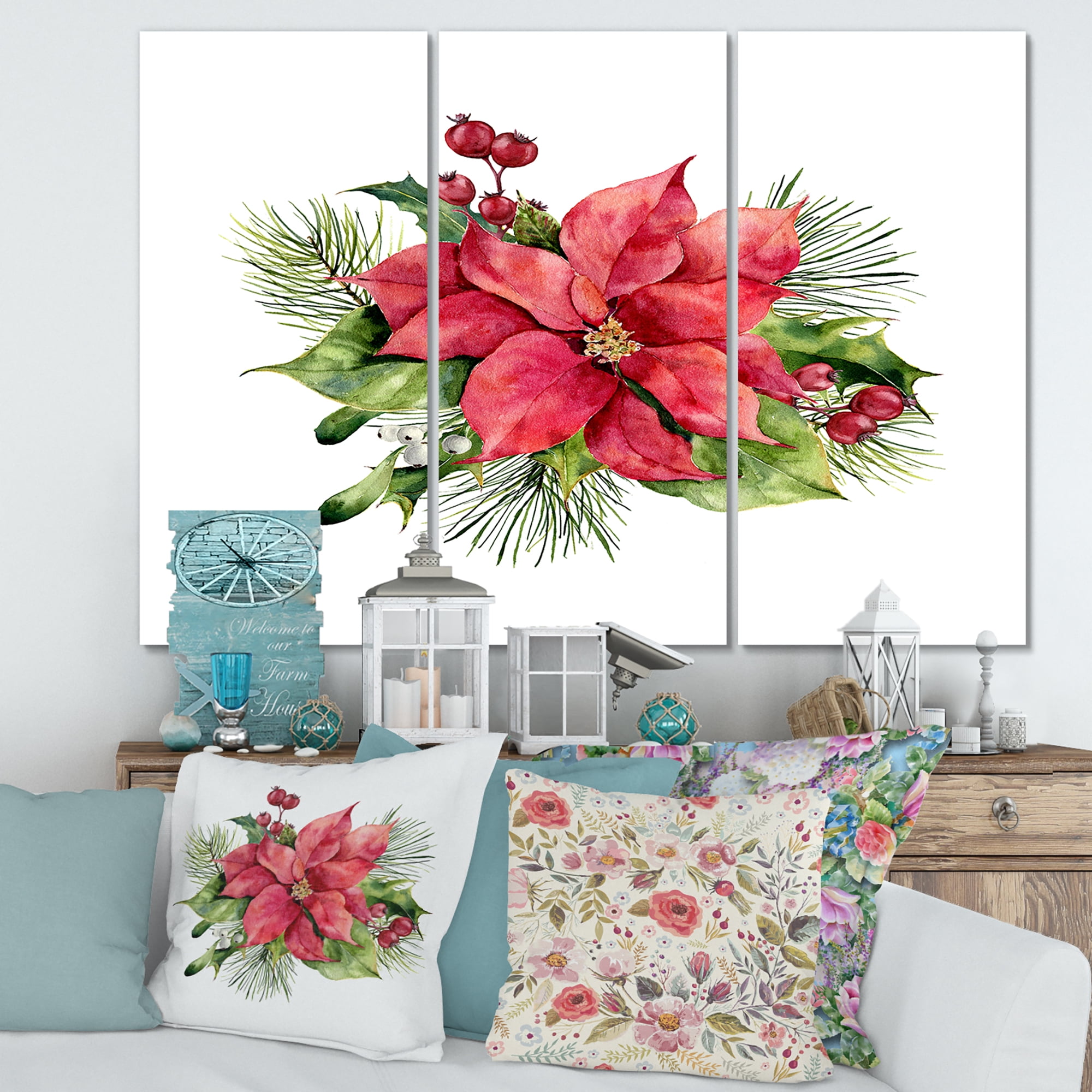 Designart ' Christmas Fir Branch and Holly Mistletoe Berries I ' Traditional Canvas Wall Art Print