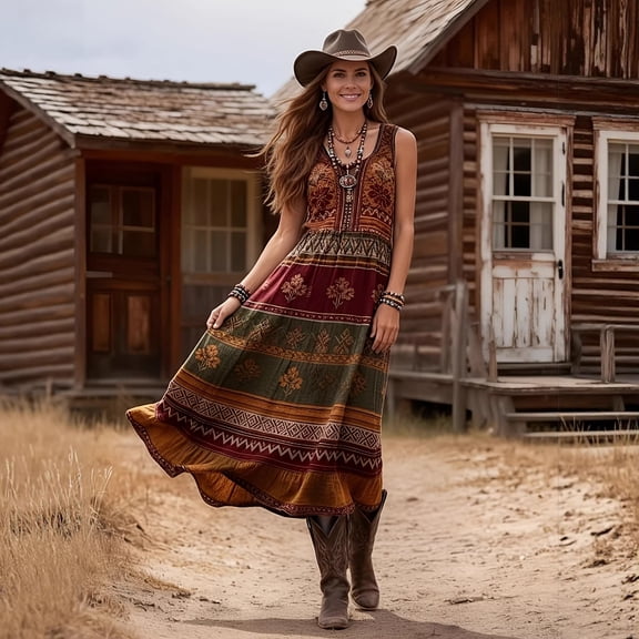 Western cowboy style long printed retro casual dress