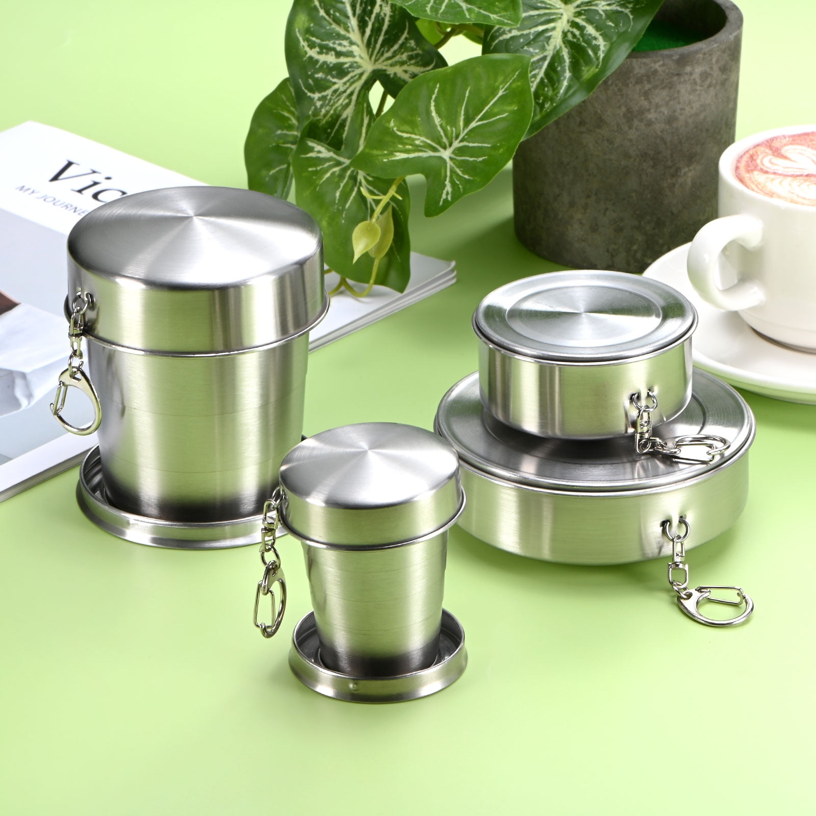 Uxcell 2 Pack Stainless Steel Collapsible Travel Cup, 15oz(450ml) Reusable Collapsible Metal Cup Portable Foldable Water Bottle with Lid and Keychain