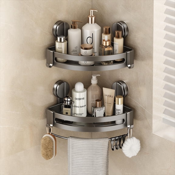 2 Pack Corner Shower Caddy Suction Cup – No Drilling Bathroom Organizer with Towel Bar & Removable Hooks, Triangle Shower Shelf Rack for Inside Showers