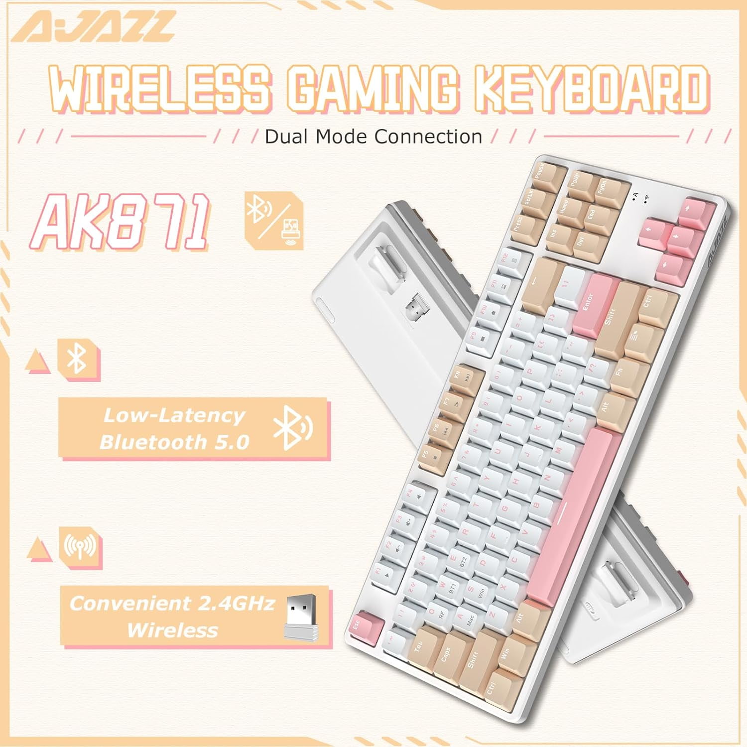 A.JAZZ Wireless Mechanical Keyboard, Dual Mode BT5.0/2.4G with 87 TKL Hot Swap Bluetooth Gaming Keyboard,Detachable Frame,USB Hub for PC(Red Switch)