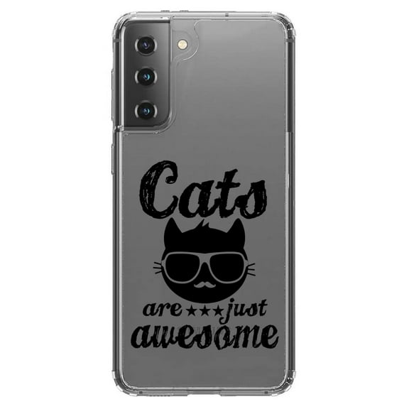 DistinctInk Clear Shockproof Hybrid Case for Galaxy S21  PLUS 5G (6.7" Screen) - TPU Bumper Acrylic Back Tempered Glass Screen Protector - Cats Are Just Awesome