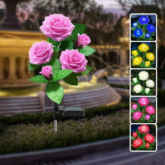 Outdoor Rose LED Solar Flower Light, Outdoor Solar Landscape Lights with 5 Rose Flowers, Waterproof Solar Garden Lights for Patio Yard Pathway Decoration, Pink