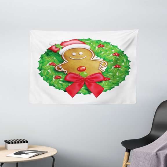 Gingerbread Man Tapestry, Cartoon Christmas Wreath with Gingerbread Man Funny Happy Season, Wall Hanging for Bedroom Living Room Dorm Decor, 60W X 40L Inches, Green Red Light Brown, by Ambesonne