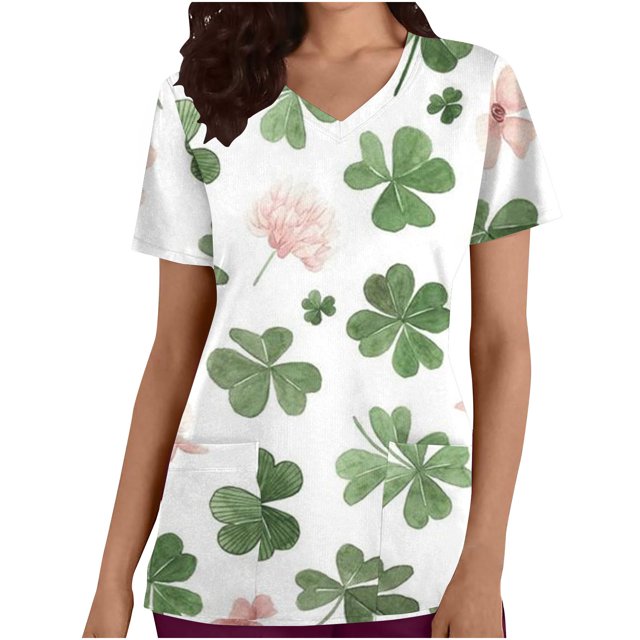 Hauts pour Femmes Mode Haut d'Infirmière à Manches Courtes avec Poche Imprimée pour la Saint-Patrick