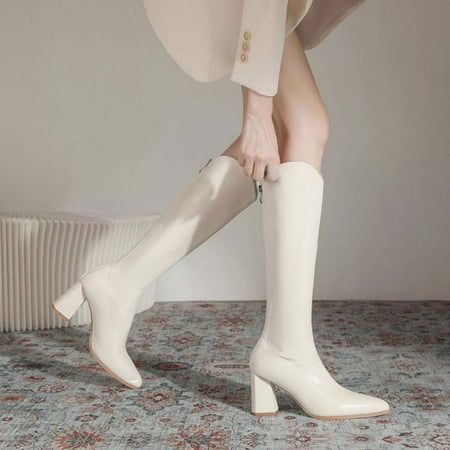 

Zunfeo Women Knee-High Boots- Pointy Toe Fashion Warm Casual Knight Boots Solid Middle Heeled Boots Christmas Gifts Clearance Beige 4