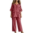 thumbnail image 2 of Two Piece Sets for Women Summer Ndbuld Women’s Fashion Pinstripe V- Neck Short Sleeve Elastic Waist Pocket Long Pants Sets Red XL, 2 of 5