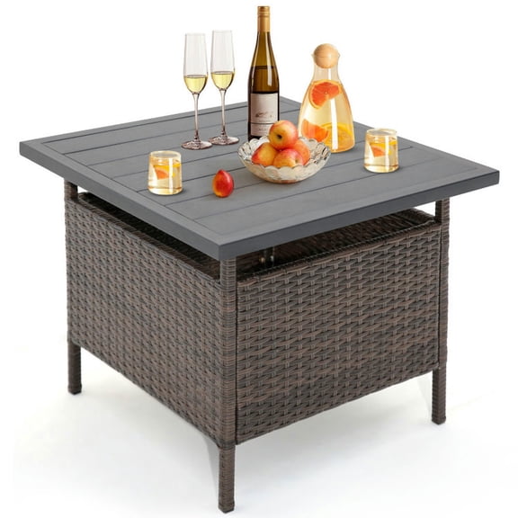 Aimee Lii Patio Square Wicker Side Table with Umbrella Hole for Yard Garden Poolside, Outdoor Patio Furniture for Porch Balcony Garden Backyard, Sturdy