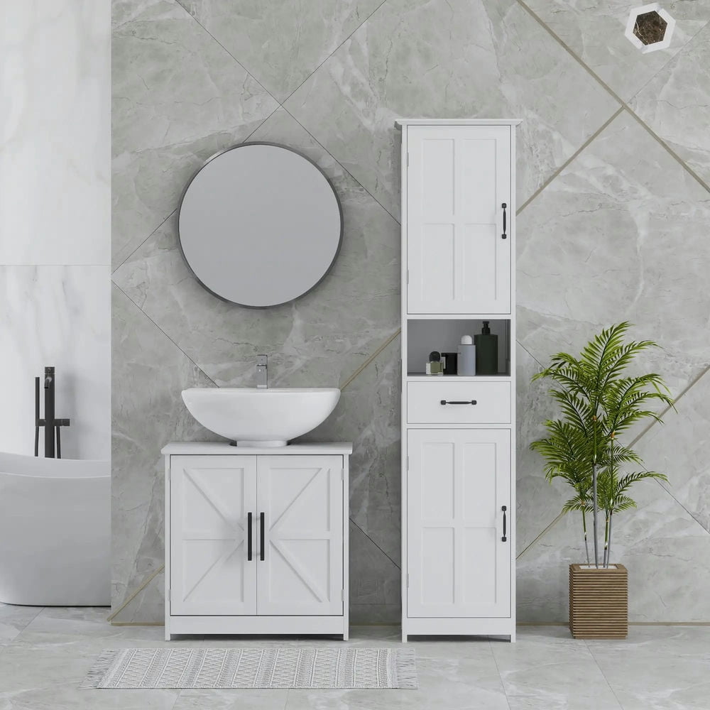 Topcobe Farmhouse Pedestal Sink Storage Cabinet, Bathroom Sink Cabinet with 2 Barn Doors and Adjustable Shelf, Indoor Modern Furniture for Bathroom, White