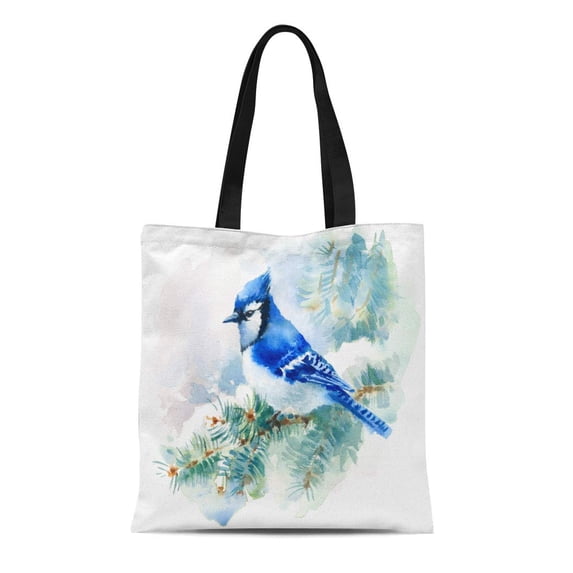 KDAGR Canvas Tote Bag Green Painting Watercolor Bird Blue Jay Winter Christmas Hand Reusable Shoulder Grocery Shopping Bags Handbag