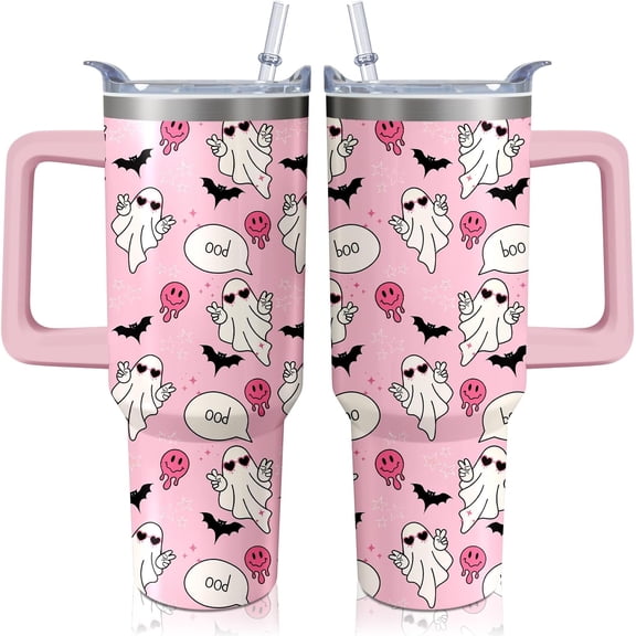 40oz Cute Ghost Halloween Tumbler With Handle and Straw,Gifts for Women Spooky Pink Bat Melting Smile Face Coffee Mug Water Bottle, Stainless Steel Insulated Cup