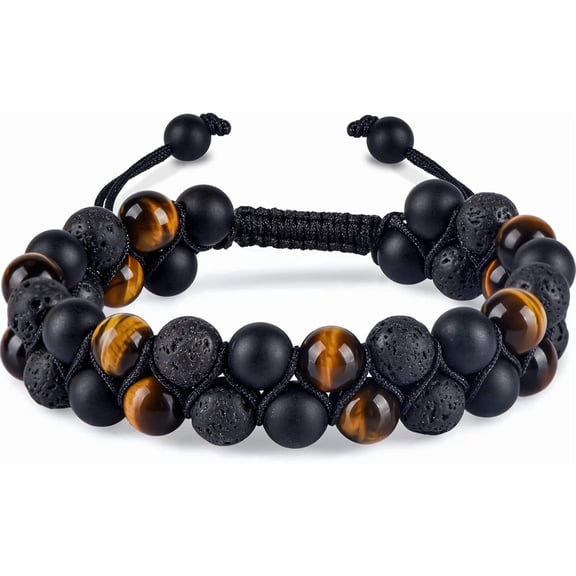 Double Row Tiger Eye & Lava Rock Beaded Bracelet for Men, Adjustable Braided Bracelet for Energy Balance