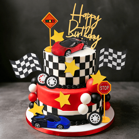 Birthday Cake Decoration Set - Race Track Theme Black and White Checkered Design, Suitable for Birthday Parties, Themed Gatherings, and Celebrations