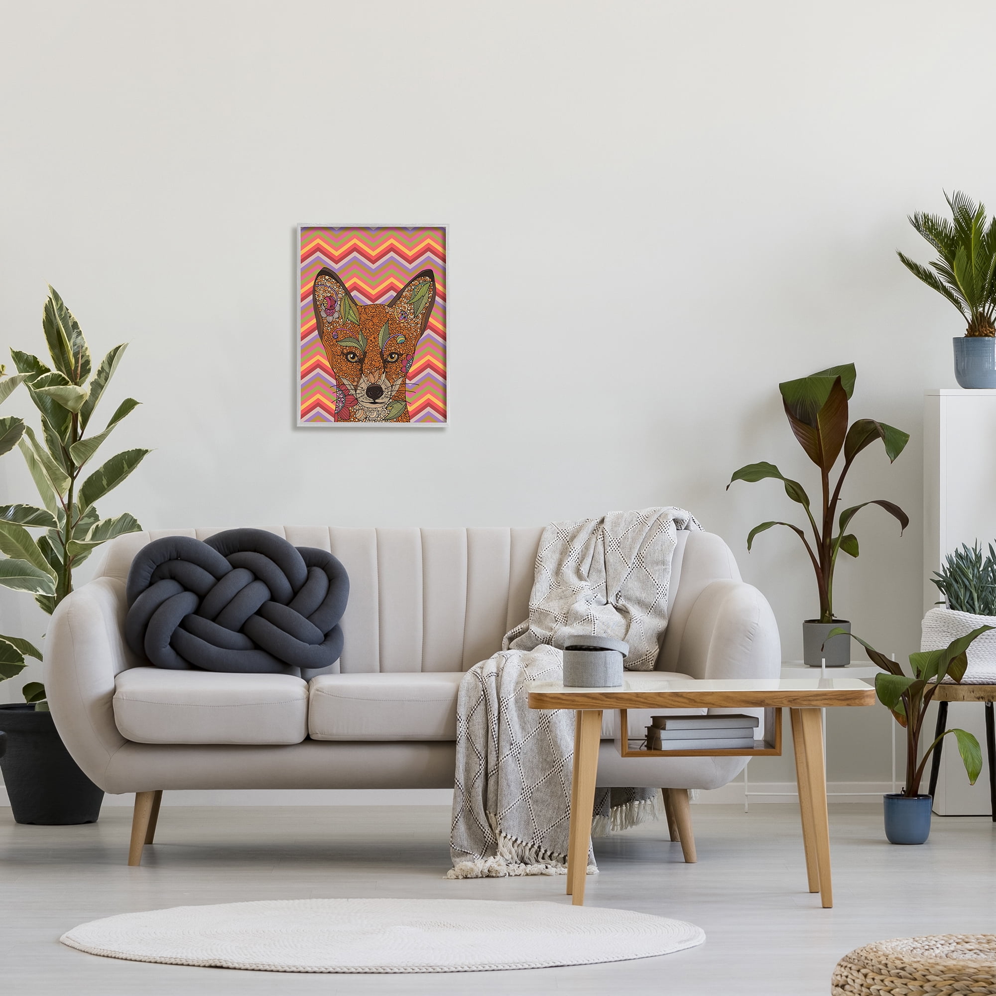 Stupell Industries Detailed Fox Retro Zig Zag Pattern Mandala Fractals Graphic Art Gray Framed Art Print Wall Art, Design by Valentina Harper