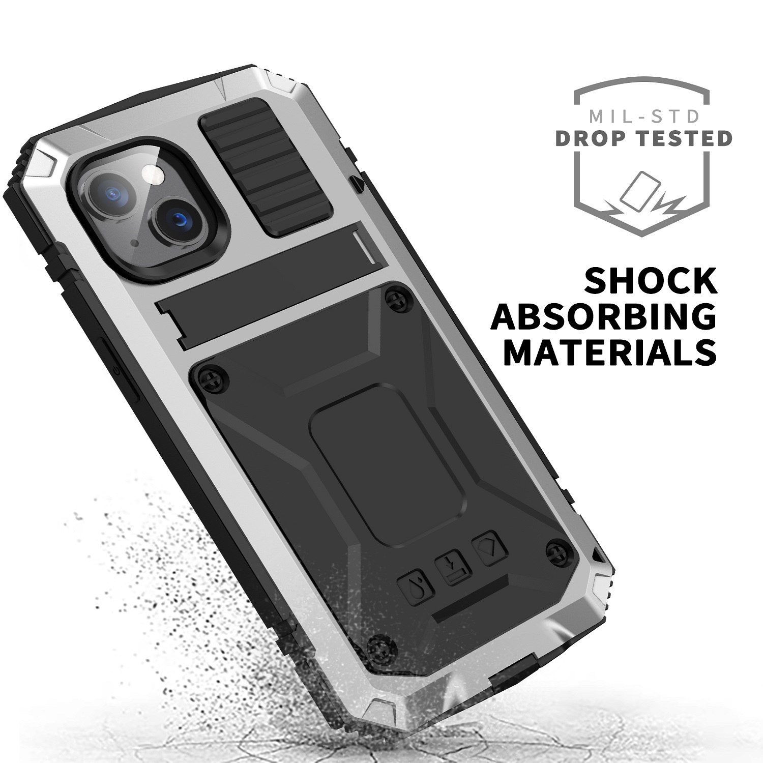 ELEHOLD for iPhone 14 6.1 Inch 2022 Case, Heavy Duty Armor Built-in Explosion-Proof Tempered Glass Screen Protector Wireless Charging Hang Rope Hidden Kickstand Shockproof Rugged Case,Silver