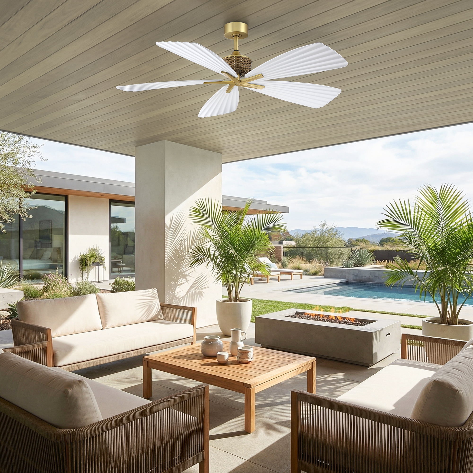 Parrot Uncle 56" Outdoor IP66 Waterproof Tropical Palm Leaf Ceiling Fan with Remote Control, 6-Speed DC Motor, No Light, White ABS Blades