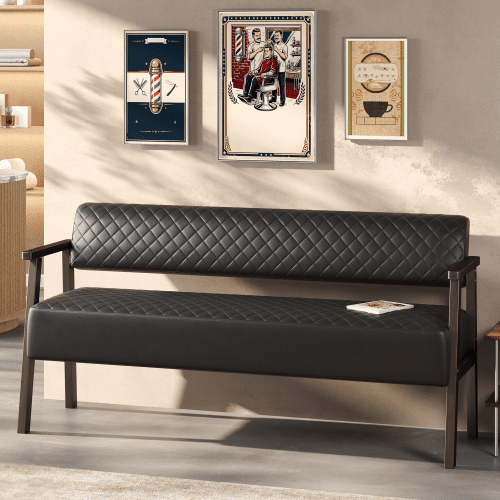58.27" Diamond Quilted PU Faux Leather Waiting Bench with Wood Armrests, Upholstered Reception Bench for Salon Lobby Office, Black