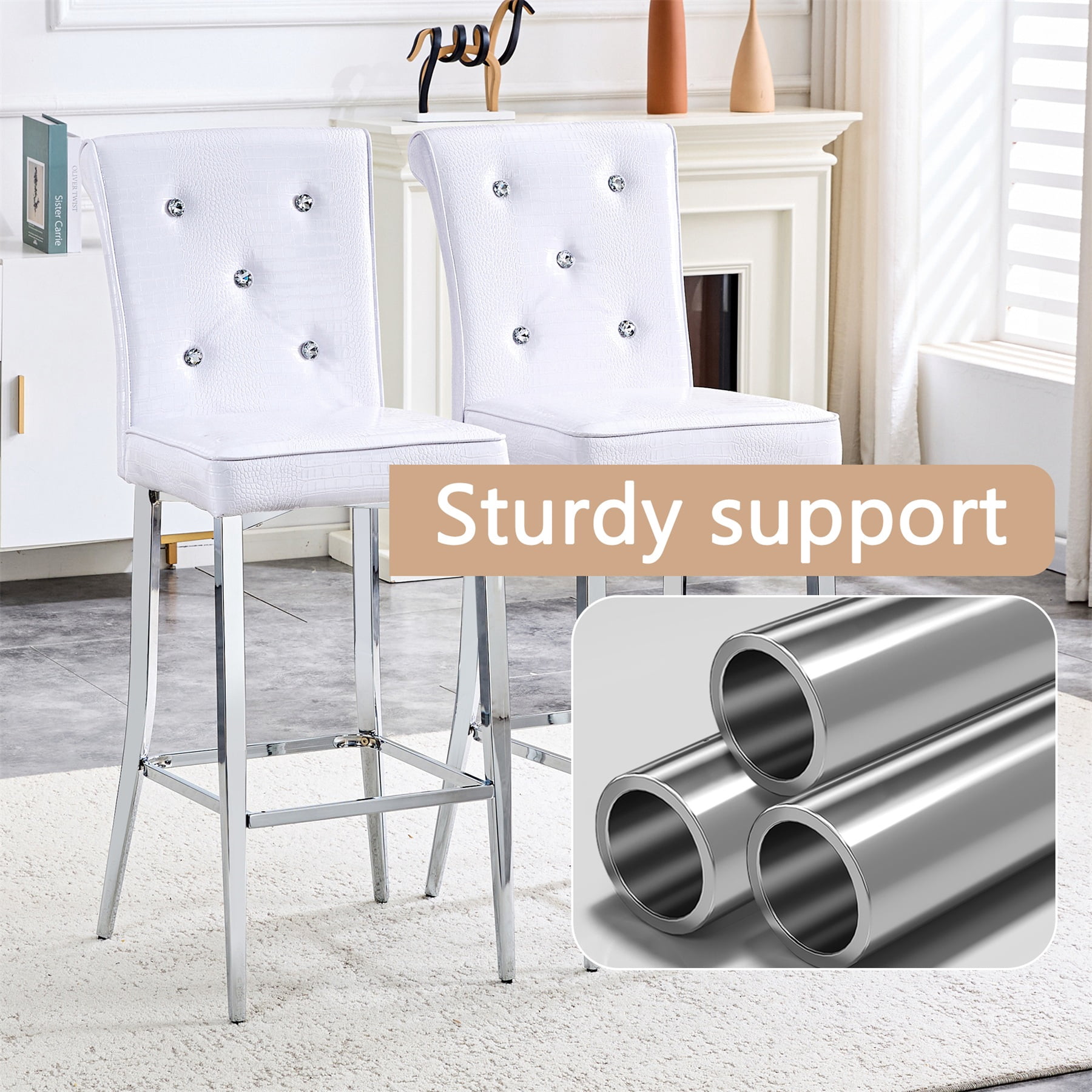 Alvantor Bar Stools Set of 2 Vintage Leather Bar Stools with Crystal Clasp Counter Stool Chairs for Kitchen Island White