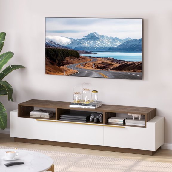 BELLEZE 70" Modern TV Stand for TV up to 70", Home Entertainment Center with Open Shelves and Drawers, Media Console Table, Wood Storage Cabinet for Living Room, Bedroom - Broadway (White)