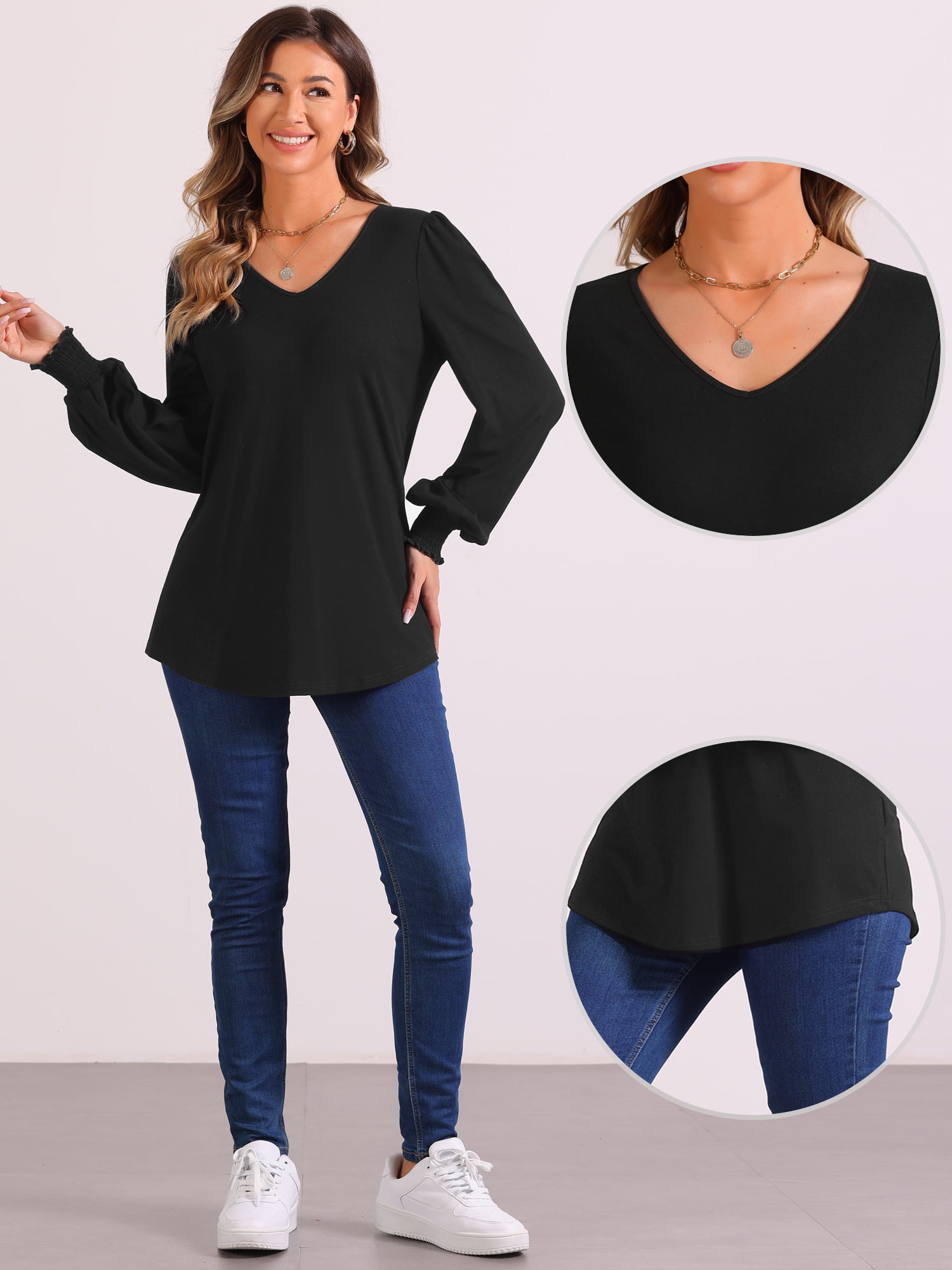 DARING DIVA Women's Lantern Sleeve Smocked Cuffs Pullover Sweater Tops XS Black