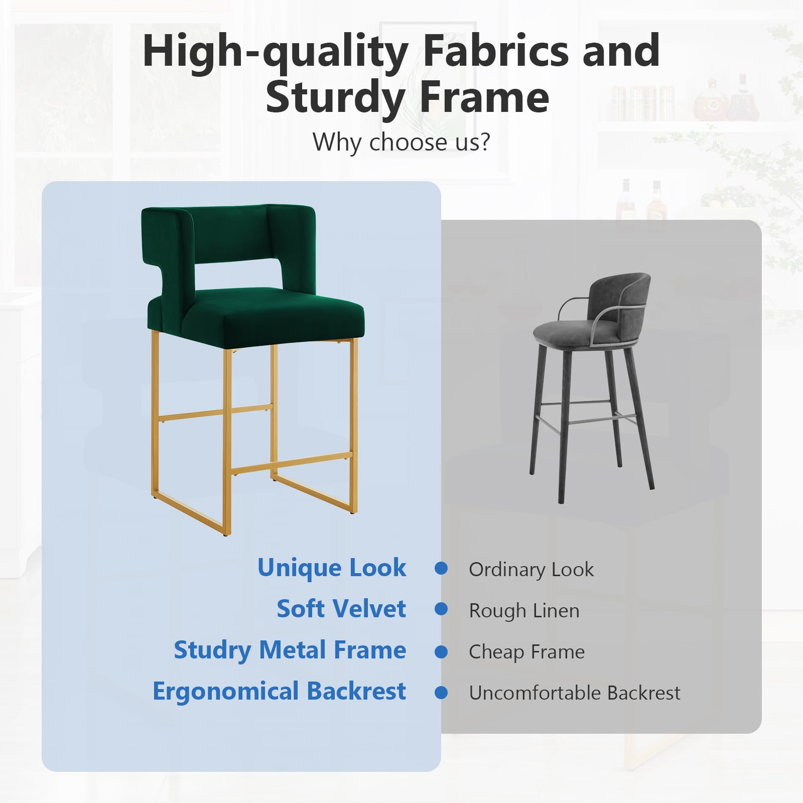 Lecut 26" H Counter Height Bar Stools Set of 2, Modern Velvet Bar Stools with Square Open Backrest and Gold Metal Frame, Kitchen Counter Stools for Island, Home Bar, Pub,Green+Gold