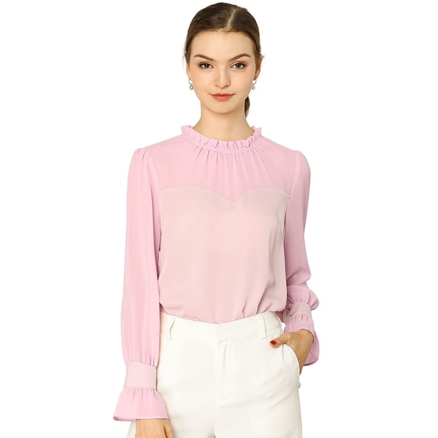 Allegra K Blusas Con Adornos De Volantes Elegantes Manga Larga Inserto De Gasa Para Mujeres Rosa M Unique Bargains Blusa