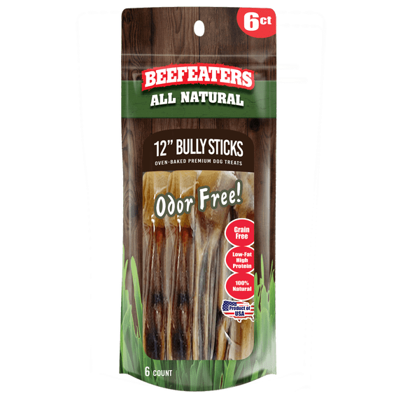 Beefeaters 12in Bully Sticks 6ct – All-Natural, Highly Digestible, Promotes Dental Health, No Additives, Ideal for Training & All Dog Sizes